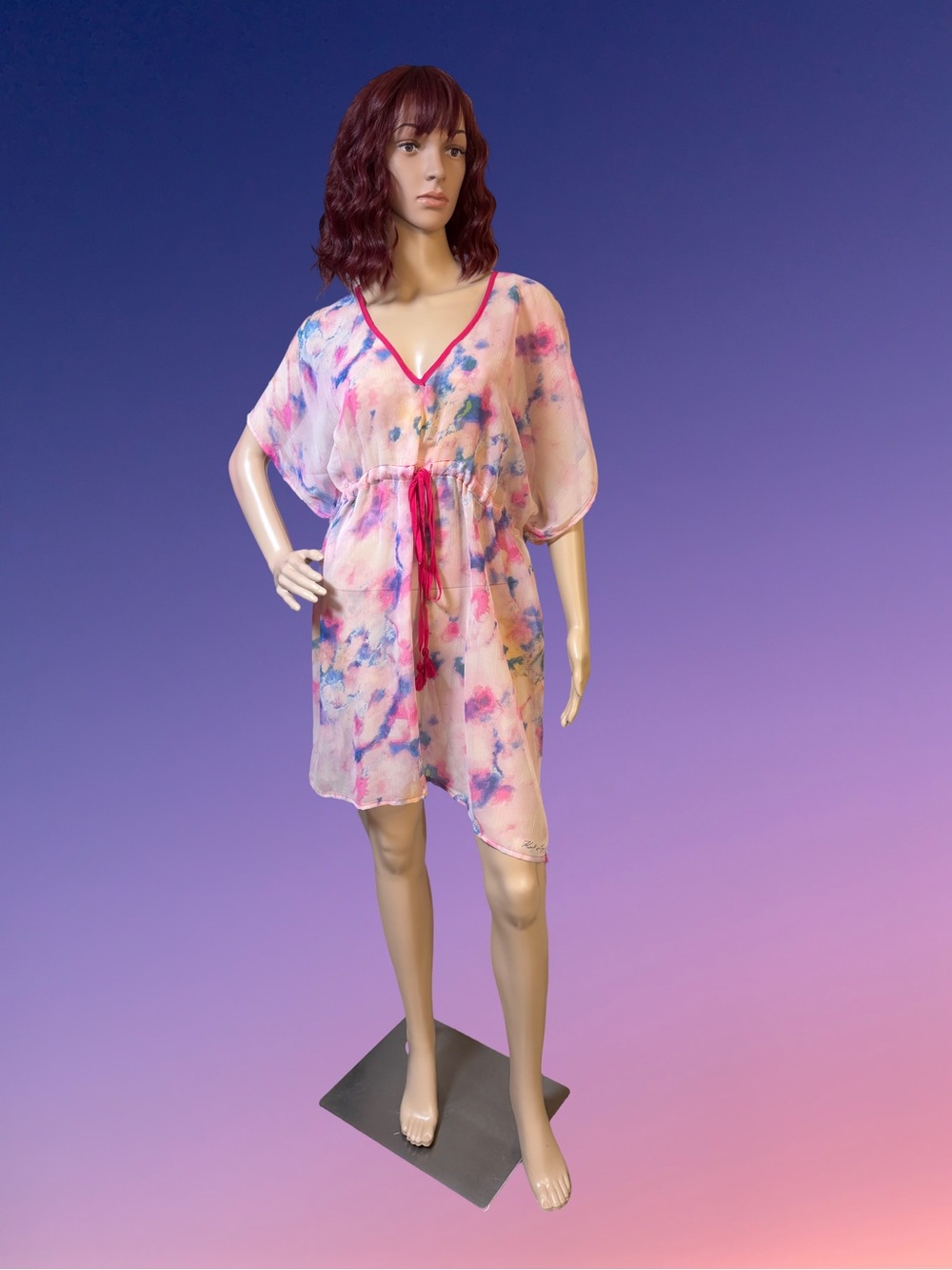 Karl Lagerfeld NWT One Size Pink & Blue Sheer Baggy Beach Cover-up (0820)